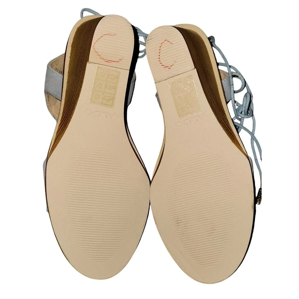 ALDO Terisa Wedge Light Blue Leather Wood Heel Boho Lace Up Sandal Sz 6.5